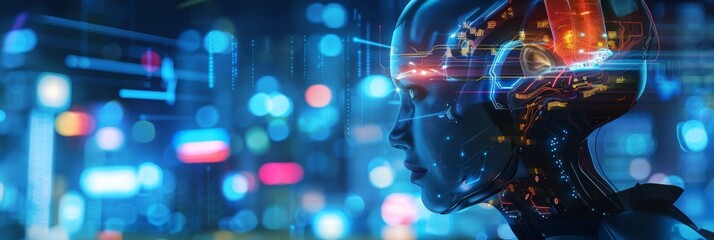Fototapeta premium Illuminated cybernetic head against neon lights - A cybernetic head with glowing neon highlights set against a blurry cityscape, reflects themes of AI in an urban world