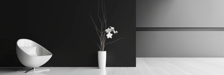 Minimalist interior with elegant chair and plant - A stylish modern chair with a delicate flower in a vase brings simplicity and elegance to contemporary interior design