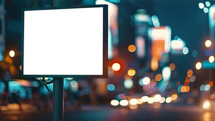 Fototapeta na wymiar Blank white screen billboard on street cityscape blurred background. PNG screen display for mockup.