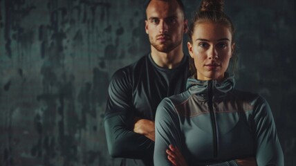 Moody athletic duo in dark gym - An intense portrait of a male and female athlete, showcasing determination and focus in a dark gym setting