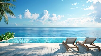 Generative AI : beach lounge, sun loungers on Sunbathing deck and private swimming pool  - obrazy, fototapety, plakaty