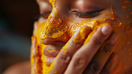 A womans hands applying a thick paste of cleansing chickpea flour and turmeric to her face a common Ayurvedic beauty ritual for purifying the skin.