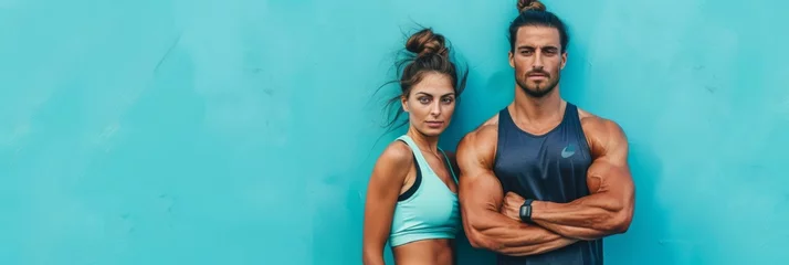 Foto op Canvas Muscular man and woman against blue wall - A man and woman in athletic wear stand confidently against a vibrant blue background © Tida