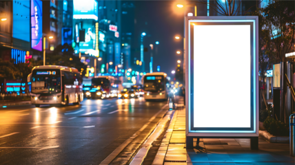 Blank white screen billboard on street cityscape blurred background. PNG screen display for mockup.