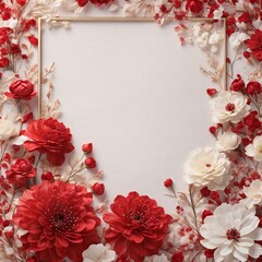 Flowers composition. Frame made of red and white flowers background. top view, copy space