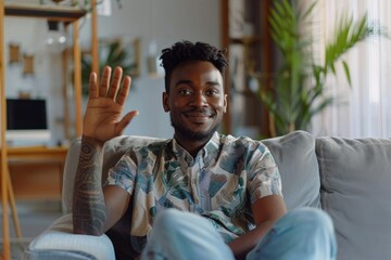 Front person view of african american man in shirt waving hello while starting video call in apartment.Friendly adult male greeting and welcoming interlocutor at beginning of conversation,GenerativeAI