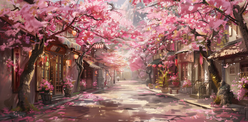 Cherry Blossom Street in Spring. A magical alleyway under the pink canopy of blossoms. - obrazy, fototapety, plakaty