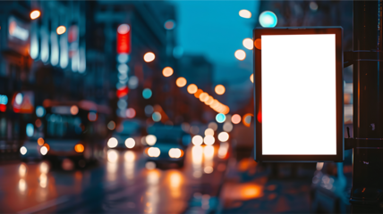 Blank white screen billboard on street cityscape blurred background. PNG screen display for mockup.