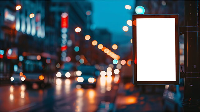 Blank white screen billboard on street cityscape blurred background. PNG screen display for mockup.