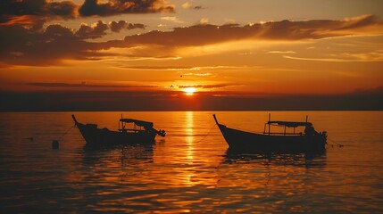 Generative AI : Silhouettes of boats at sunset
