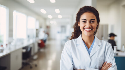 Fototapeta premium Happy female GP doctor in white coat with stethoscope looking at camera, smiling. Head shot portrait of confident medical practitioner, physician, therapist posing in hospital office with arms folded