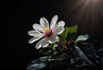 blossoming flower with dark leaves, showcasing a play of light and shadow.