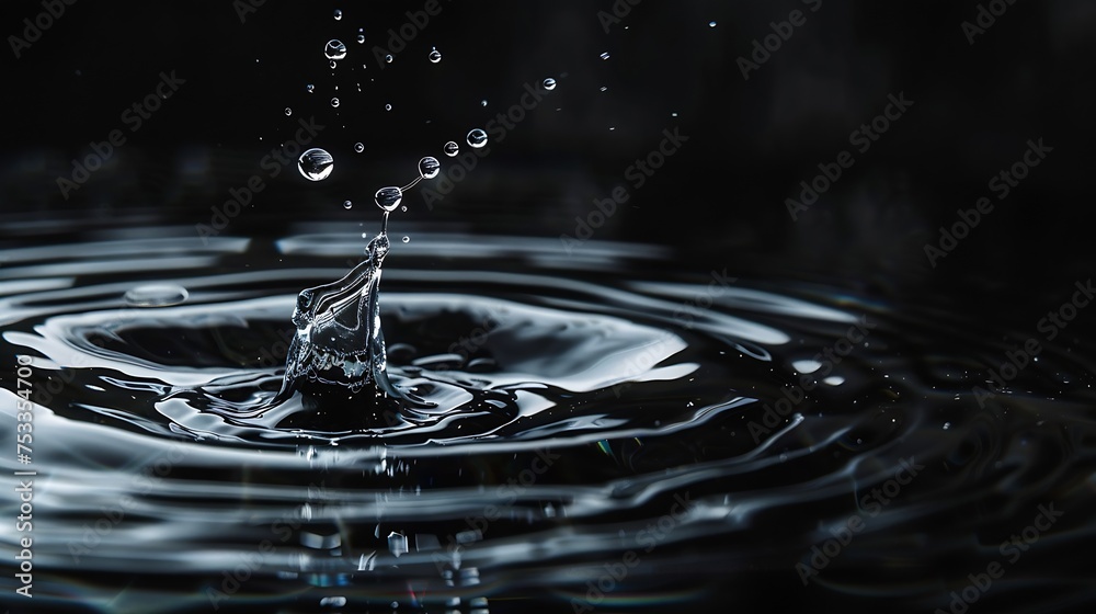 Poster Generative AI : Ripple of water or water drop splash on black background. Abstract shape out of the water