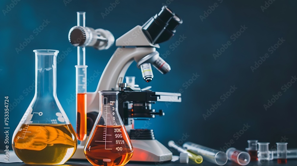 Aufkleber generative ai : laboratory beakers, microscope, pipette. science experiment concept background.