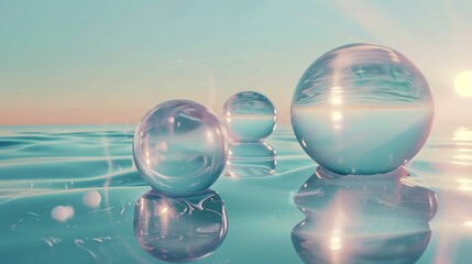 Generative AI : Transparent spheres on the water surface, 3d rendering. Computer digital drawing.