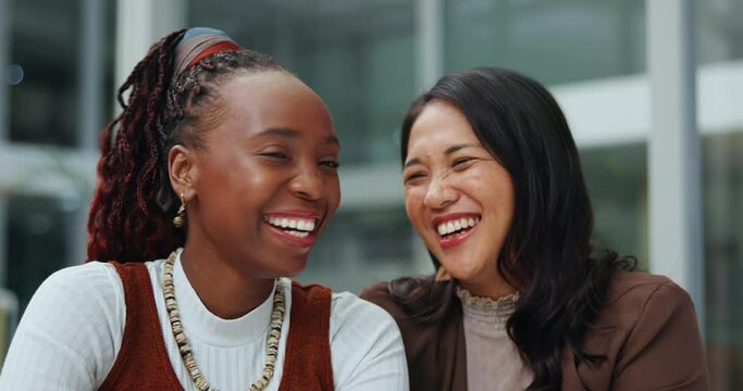 Work, friends and happy hug in office with diversity and support of people at company in London. Professional, women and portrait together with solidarity or community in corporate workplace