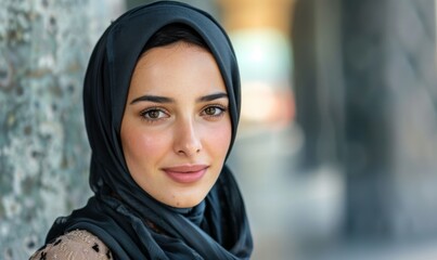 Close-up of a graceful woman in a hijab, featuring warm eyes and a soft smile, set against a blurred urban background
