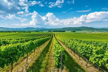 Vineyard landscape with lush green rows of grapevines Symbolizing agriculture Winemaking And the...