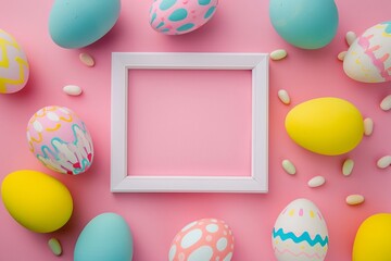 Fototapeta na wymiar Colorful Easter Eggs with white frame copy space
