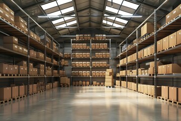 3d render of a spacious warehouse interior with cardboard boxes on shelves