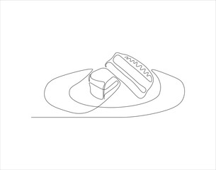 Continuous Line Drawing Of Slice Of Cake. One Line Of Slice Cake. Cake Continuous Line Art. Editable Outline.