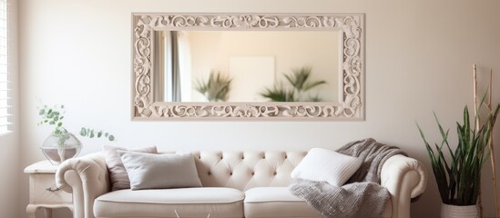Stylish beige rectangular mirror with intricate designs in a bright studio setting