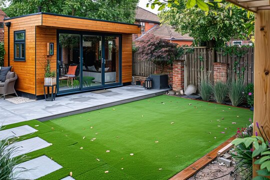 Back garden view showcasing a well-designed outdoor living space with artificial grass Paving slabs And a timber outbuilding Perfect for home and garden inspiration