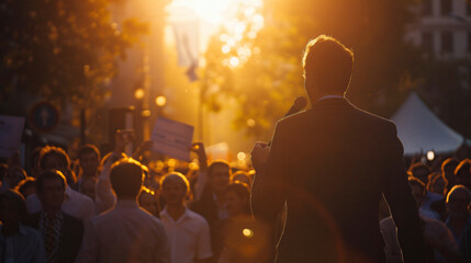 Man doing a speech outdoor in front of a crowd of members of a political party - obrazy, fototapety, plakaty