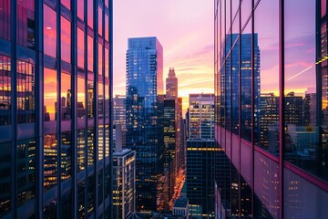 Cityscape at twilight with modern skyscrapers reflecting the sunset hues Showcasing urban architecture and development - obrazy, fototapety, plakaty