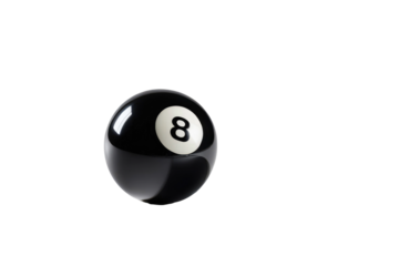 Black 8 ball, isolated full view, high-key lighting, stark white background, defining shadow beneath, gloss finish reflecting a soft overhead light, stock photo, ultra clear