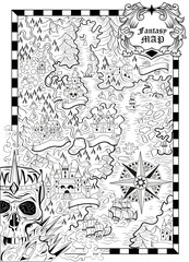Line art fantasy map with unknown land, ships, skull, compass and creatures for coloring page. Pirate adventures, treasure hunt and old transportation concept. Hand drawn vector illustration.