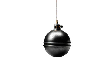 Black bomb with a vintage design, full body, detailed metallic texture, visible fuse at the top, casting a soft shadow on a pure white background, high-resolution stock photo, ultra clear