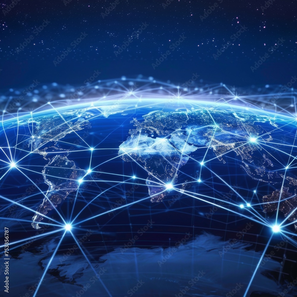 Poster world map with illuminated network connections - global network overlay on the world map with bright