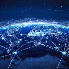 Fototapeta na wymiar World map with illuminated network connections - Global network overlay on the world map with bright connections representing international communication