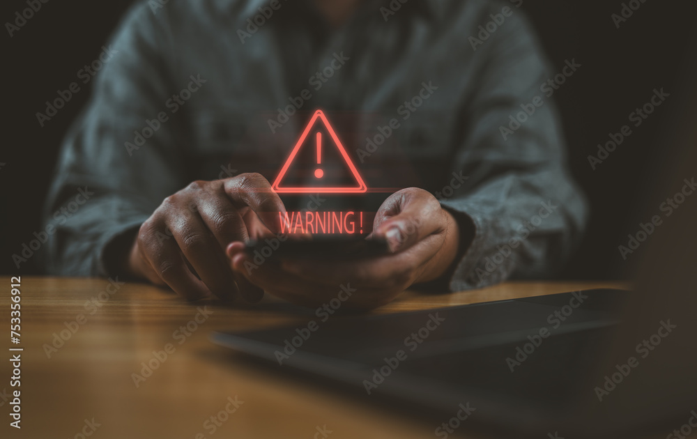 Poster Person use smartphone with System error warning and Maintenance. Notification error and virus detection spyware. illegal connection and information danger.