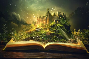 Fantasy concept with a book opening to reveal a magical world Inspiring stories of adventure Mystery And imagination - obrazy, fototapety, plakaty