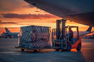 Forklift loading cargo into a commercial airliner at dawn Showcasing logistics and global trade - obrazy, fototapety, plakaty