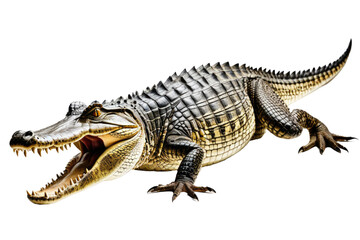 Crocodile full body shot, highly detailed, isolated on a pure white background, natural light, showcasing texture of scales, macro photography, potential for commercial use, digital high-resolution