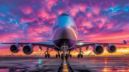 Commercial airplane taking off from airport runway with impressive clouds in the sky - obrazy, fototapety, plakaty
