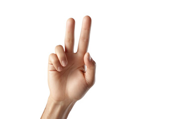 Hand making the peace sign salute, skin tone medium, fingers spread in the iconic gesture, thumb tucked in, palm inward, centered on a white background, high-key lighting