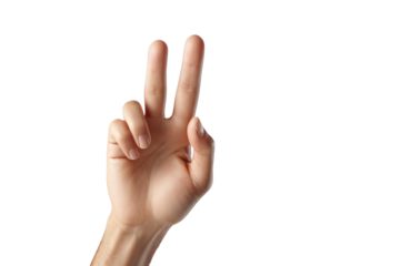 Hand making the peace sign salute, skin tone medium, fingers spread in the iconic gesture, thumb tucked in, palm inward, centered on a white background, high-key lighting