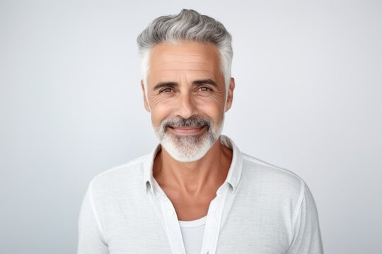 Handsome mature man with grey hair looking at camera and smiling while standing against grey background
