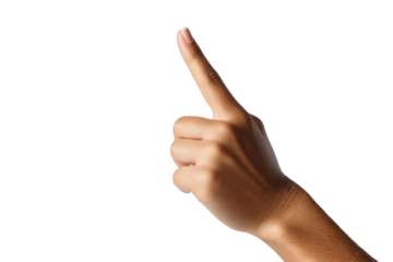 Hand displaying and pointing with the forefinger hand sign in American Sign Language, isolated, against a pure white background, high-key lighting, sharp focus on the hand