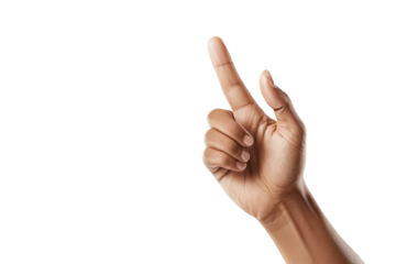 Hand displaying and pointing with the forefinger hand sign in American Sign Language, isolated, against a pure white background, high-key lighting, sharp focus on the hand
