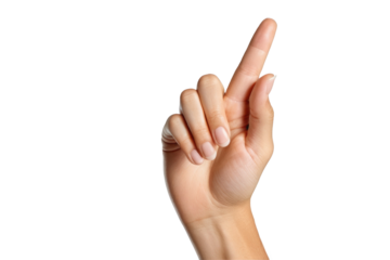 Hand displaying and pointing with the forefinger hand sign in American Sign Language, isolated, against a pure white background, high-key lighting, sharp focus on the hand