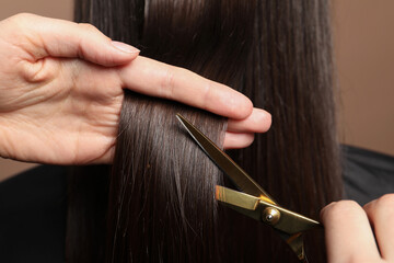Hairdresser cutting client's hair with scissors on light brown background, closeup - obrazy, fototapety, plakaty
