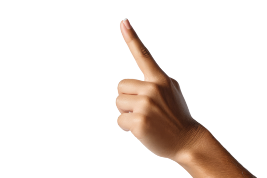 Hand displaying and pointing with the forefinger hand sign in American Sign Language, isolated, against a pure white background, high-key lighting, sharp focus on the hand