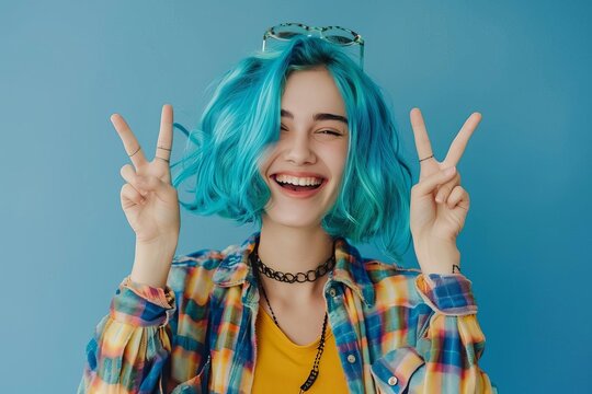 Joyful young woman with vibrant turquoise hair Making funny faces and showing victory signs Embodying freedom and happiness