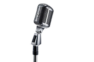 Fototapeta premium Microphone, full-body isolation against stark white background, portrays opulence with natural light highlighting sleek design, silver metal grille reflecting subtle glow, in high-resolution