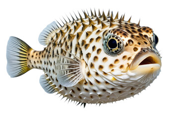 Pufferfish, high quality stock photo, full body view, isolated against a pure white background, sharp focus, detailed texture of skin visible, natural light, vivid colors, ultra clear